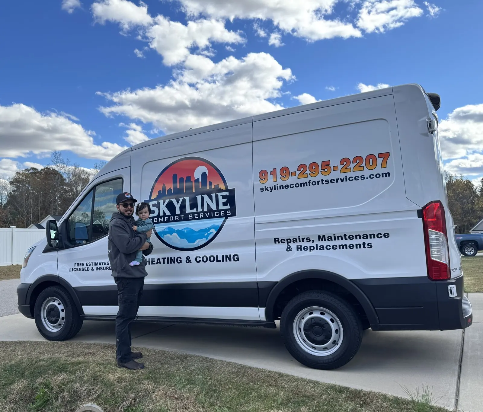 Skyline tech performing AC repair on residential system