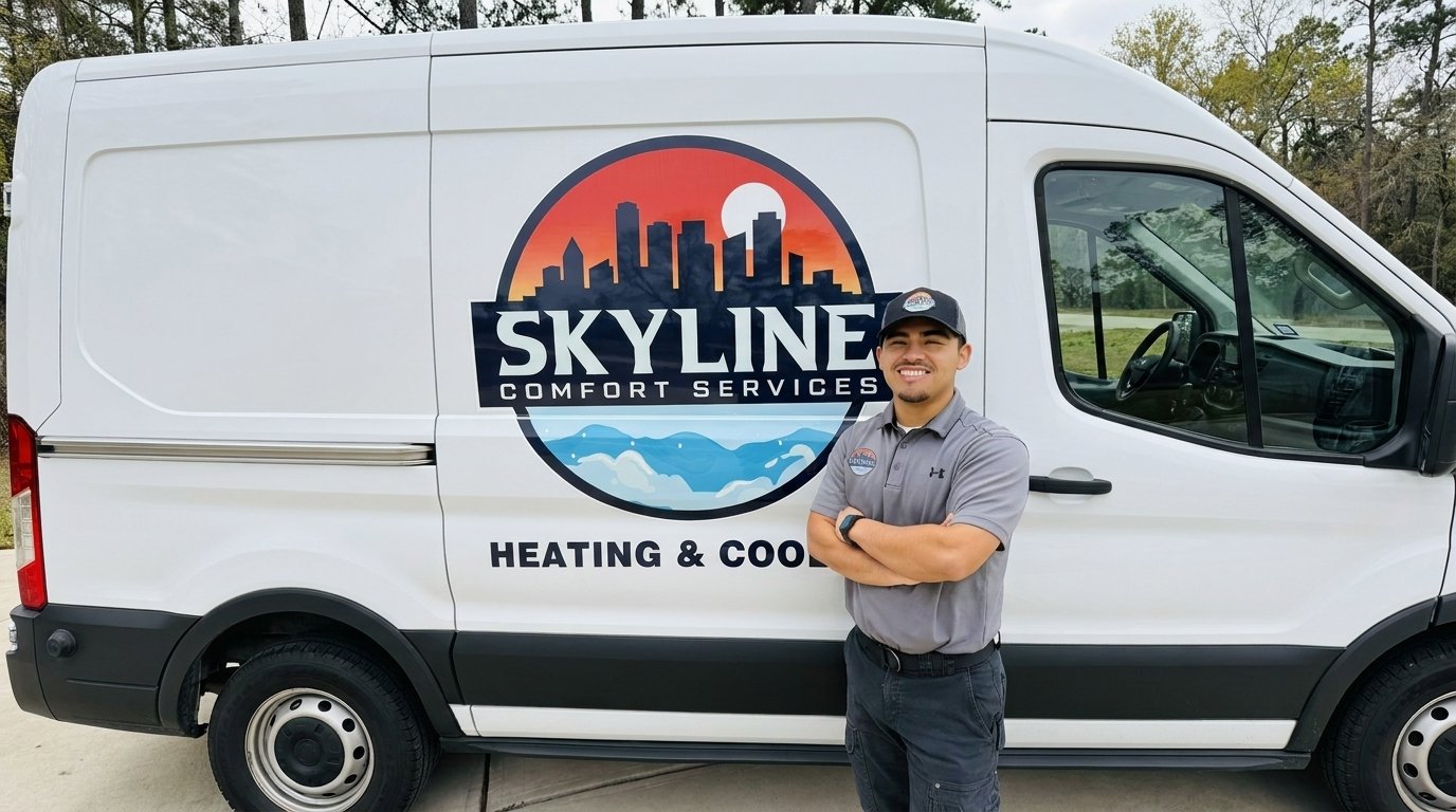 Skyline Comfort Services van and technician in the Triangle area providing AC repair and HVAC installation.