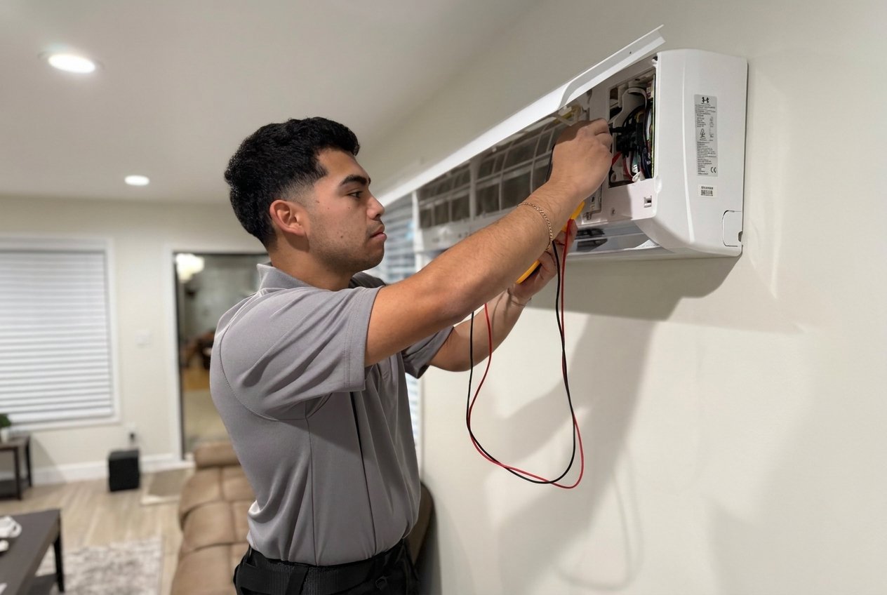 Skyline Comfort Services technician installing a ductless mini-split system in a Raleigh home.