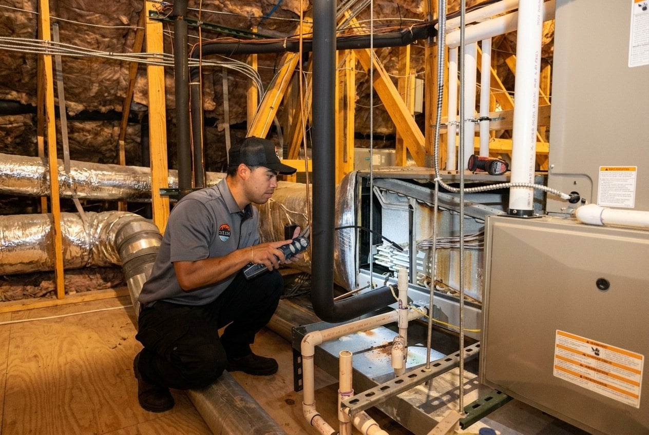 HVAC technician inspecting furnace in attic during service visit