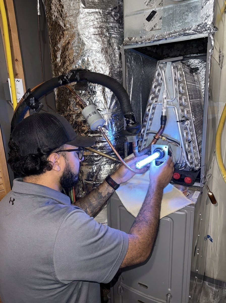 HVAC technician installing UV light for indoor air quality in Raleigh.