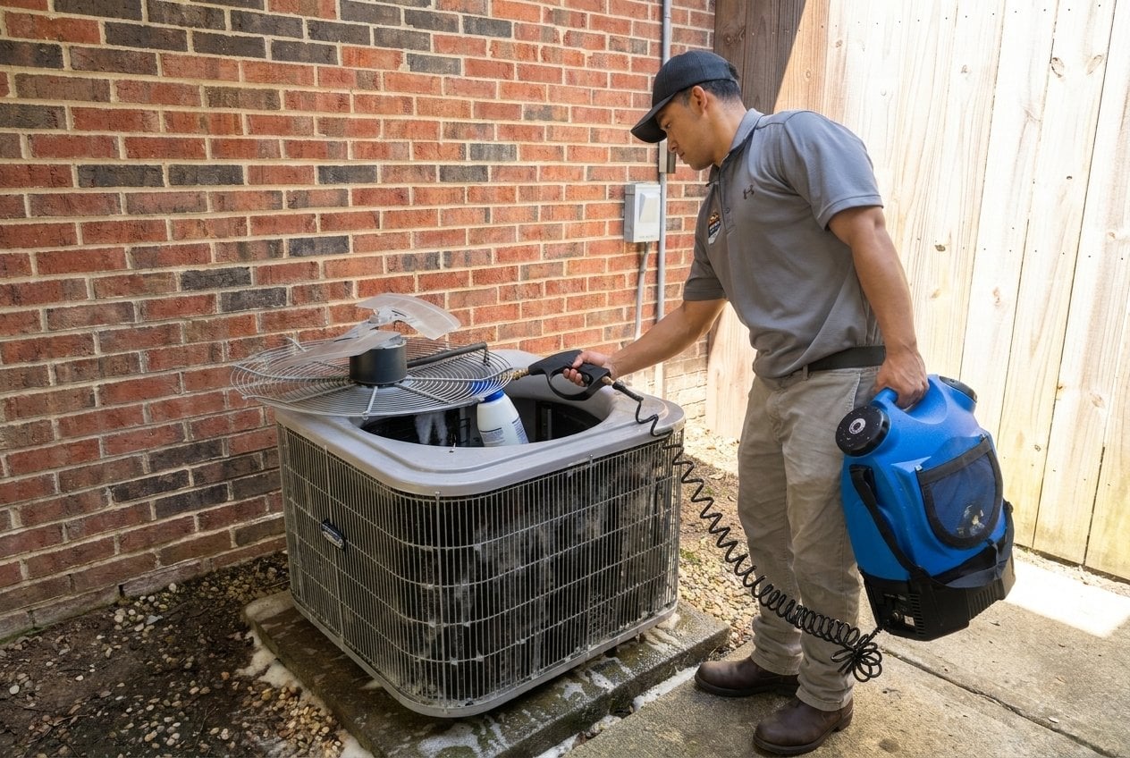 Skyline Comfort Services technician cleaning AC coil during maintenance and tune-up