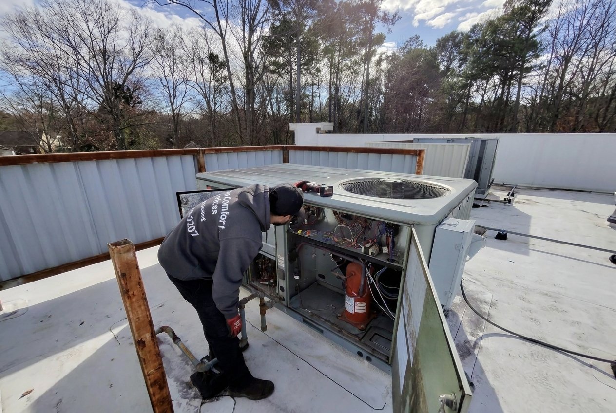Skyline Comfort Services technician performing rooftop AC maintenance and service.